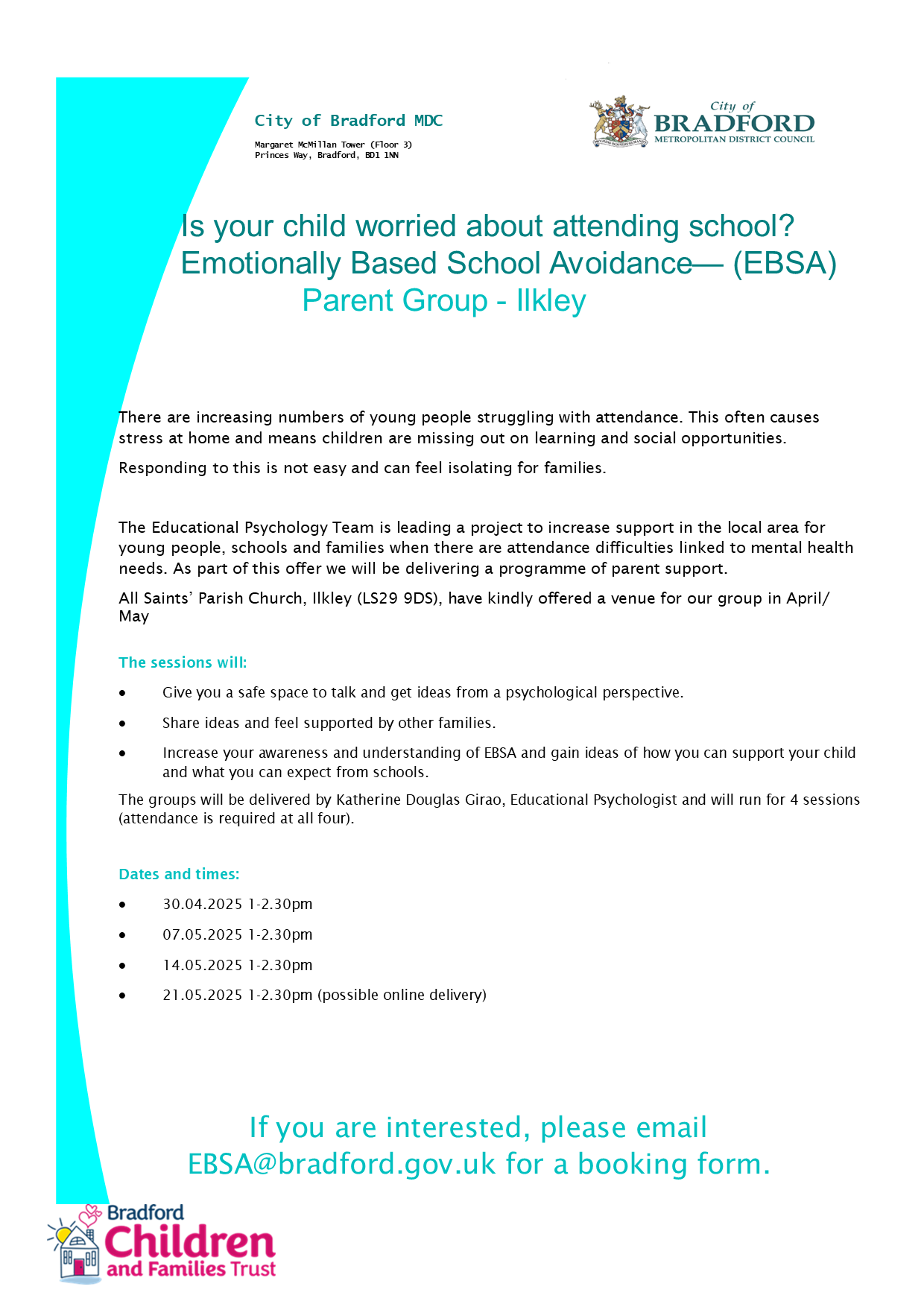 2025-04-25 Parent Support Group Flyer Ilkley April May